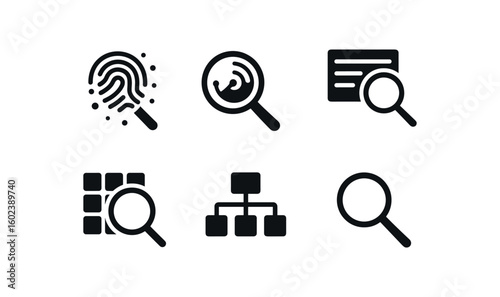 solid icon isolated search fingerprint dust search sonar ping module search data inde search pattern matcher search directory tree search magnifying lens