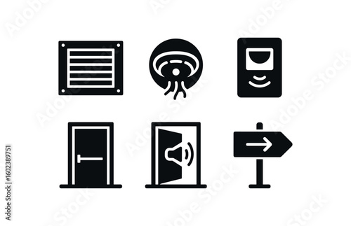 solid icon isolated corridor ventilation grille corridor smoke detector corridor motion sensor corridor fire door corridor echo chamber corridor wayfinding sign