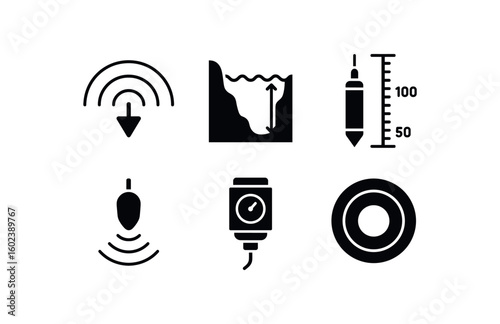solid icon isolated depth acoustic sonar depth ocean trench map depth borehole probe depth sonar pinger depth pressure sensor depth aperture lens