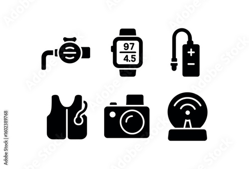 solid icon isolated immersion scuba regulator immersion dive computer immersion ballast control immersion buoyancy vest immersion underwater camera immersion sonar scanner