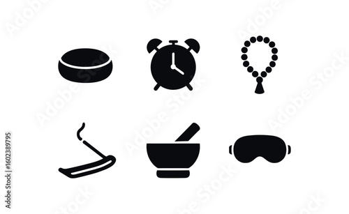 solid icon isolated meditation cushion pad meditation timer alarm meditation mantra beads meditation incense holder meditation singing bowl meditation eye mask