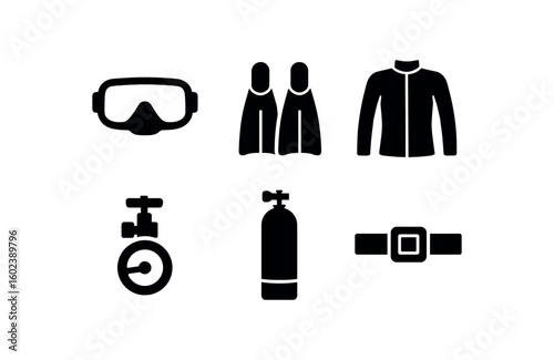 solid icon isolated diving mask lens diving fins diving wetsuit jacket diving regulator valve diving cylinder tank diving belt