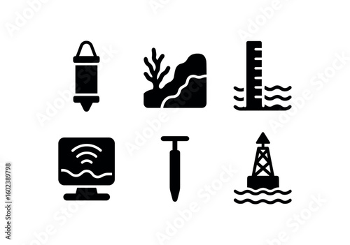 solid icon isolated sea plankton sampler sea reef topography map sea tide gauge sea sonar scanner sea sediment corer sea navigation beacon