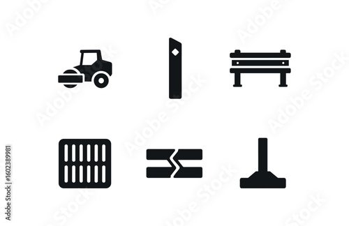 solid icon isolated road asphalt paver road lane marker post road guardrail segment road drainage grate road epansion joint road signpost base
