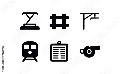 solid icon isolated train pantograph collector train sleeper tie train overhead wire train control cabin train timetable board train conductor whistle
