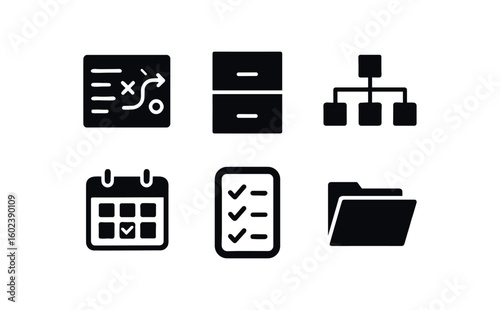 solid icon isolated organization project plan organization filing cabinet organization flowchart diagram organization calendar scheduler organization task list organization folder divider