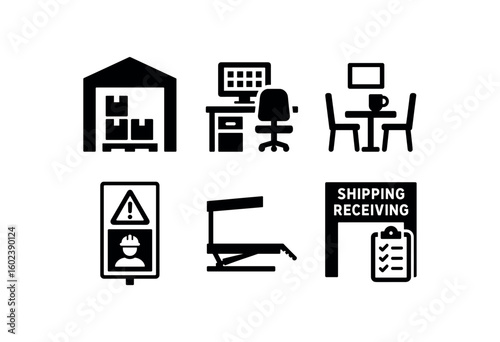 solid icon isolated distribution center loading bay distribution center inventory control room distribution center break room distribution center safety signage distribution center dock