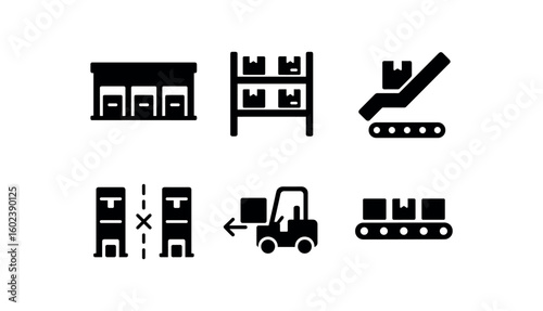 solid icon isolated distribution center dock doors distribution center pallet racking distribution center sorting chute distribution center dock area distribution center forklift lane