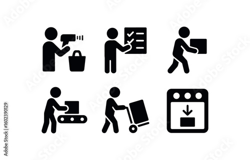 solid icon isolated picker selection scanner picker picklist sheet picker order tote picker conveyor belt zone picker picking cart picker pick to display