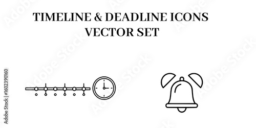 Editable vector line icons representing a horizontal timeline sequence and a ringing alarm clock for deadline management on a white background.