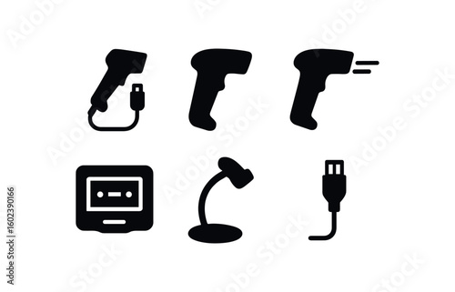 solid icon isolated barcode scanner wand cable barcode scanner trigger button barcode scanner aiming laser barcode scanner decode engine barcode scanner stand cradle barcode scanner