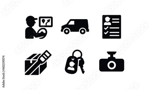 solid icon isolated delivery driver GPS navigator delivery driver van delivery driver route sheet delivery driver cargo strap delivery driver key fob delivery driver dash camera