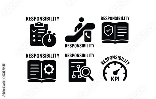 solid icon isolated responsibility task timer responsibility escalator phone responsibility logbook responsibility compliance manual responsibility t trail responsibility KPI gauge