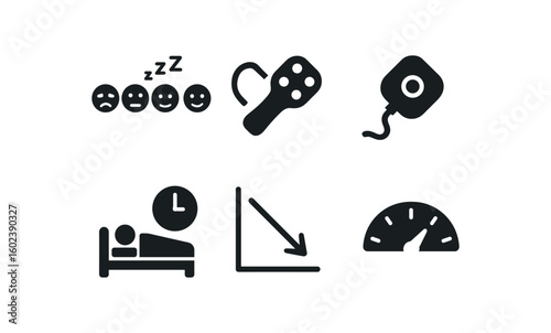 solid icon isolated fatigue sleepiness scale fatigue reaction time tester fatigue EMG sensor pad fatigue rest interval tracker fatigue performance drop graph fatigue alertness meter