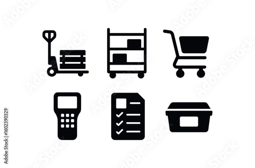 solid icon isolated stocker pallet stacker stocker shelving trolley stocker picking cart stocker inventory scanner stocker order sheet stocker bin label