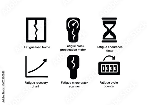 solid icon isolated fatigue load frame fatigue crack propagation meter fatigue endurance timer fatigue recovery chart fatigue micro crack scanner fatigue cycle counter