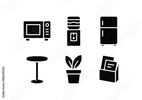 solid icon isolated break room microwave oven break room water cooler break room refrigerator unit break room high table break room plant pot break room magazine rack