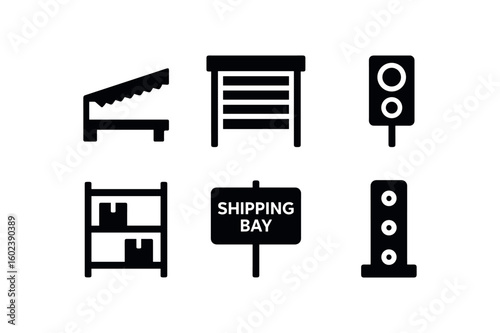 solid icon isolated shipping bay dock leveler shipping bay overhead door shipping bay safety shipping bay pallet rack shipping bay signage board shipping bay dock bumper