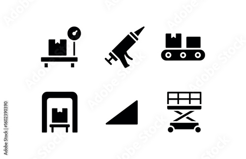 solid icon isolated shipping bay load balancer shipping bay sealant dispenser shipping bay conveyor merge shipping bay scanner arch shipping bay chock wedge shipping bay work platform
