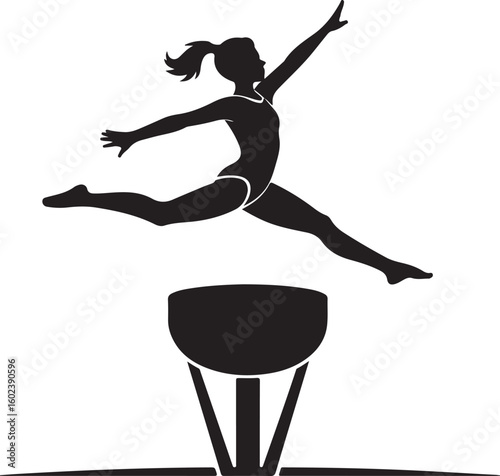 A black and white vector silhouette illustration of a gymnast performing on a balance beam