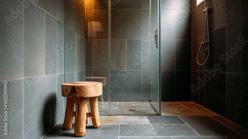 Modern Japandi shower room, slate tile floor, natural wood stool, simple glass screen
