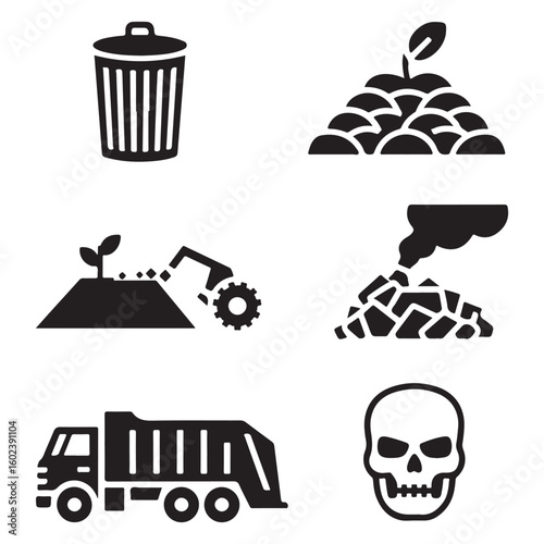 Icons depicting waste management processes and environmental impact