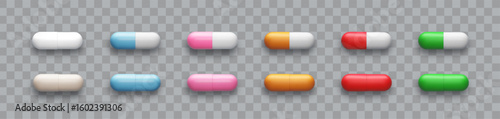 3d pill set white,red, blue, yellow, green and beige tablet isolated on transparent background. Realistic vector medicament illustration