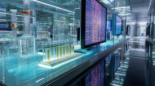 Medical research lab filled with test tubes and digital screens