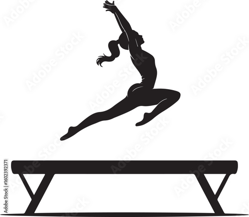 A black and white vector silhouette illustration of a gymnast performing on a balance beam