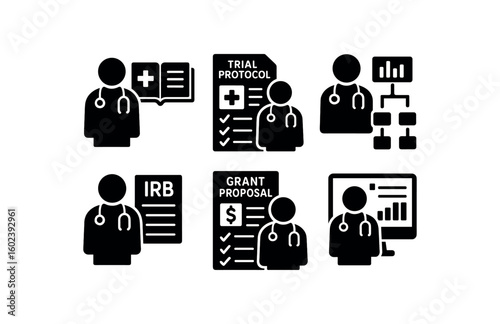 solid icon isolated medical researcher lab notebook medical researcher trial protocol medical researcher data analysis pipe medical researcher IRB application medical researcher grant