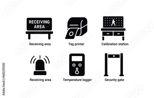 solid icon isolated receiving area labeling table receiving area tag printer receiving area calibration station receiving area alarm beacon receiving area temperature logger receiving area