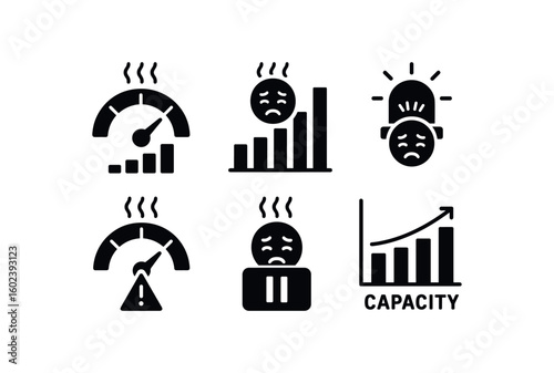 solid icon isolated overwhelm stress gauge overwhelm workload chart overwhelm alert buzzer overwhelm overload sensor overwhelm pause button overwhelm capacity graph