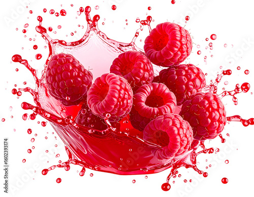 Fresh raspberries bursting with juice – dynamic splash effect PNG