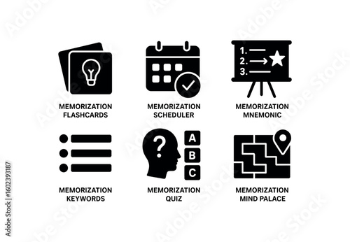 solid icon isolated memorization flashcard deck memorization spaced repetition scheduler memorization mnemonic chart memorization keyword list memorization recall quiz module memorization