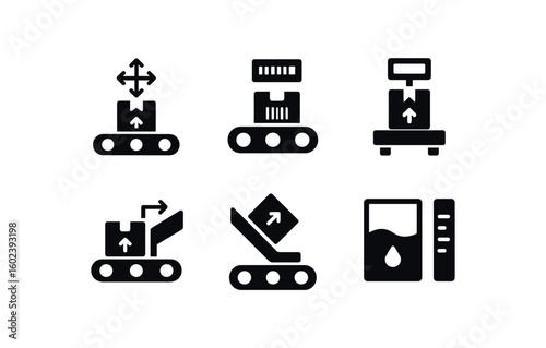 solid icon isolated sorting station conveyor belt aligner sorting station barcode validator sorting station weigh scale unit sorting station diverter gate sorting station chute sorter