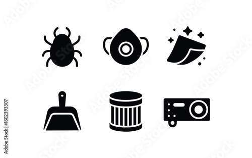 solid icon isolated dust mite sample dust mask respirator dust cloth microfiber dust pan scoop dust filter cartridge dust sensor array