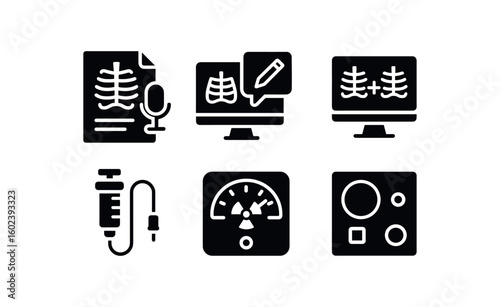 solid icon isolated radiologist report mic radiologist annotation tool radiologist image fusion module radiologist contrast injector radiologist radiation meter radiologist QA phantom