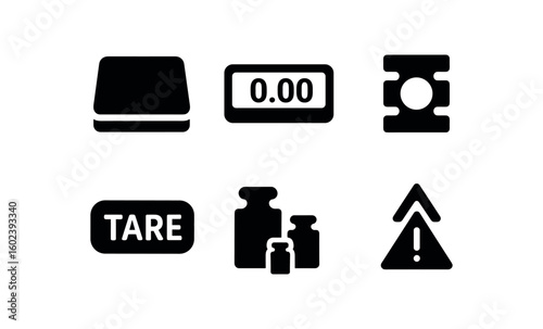 solid icon isolated scale stainless steel platform scale digital LCD display scale load cell sensor scale tare function button scale calibration scale overload indicator