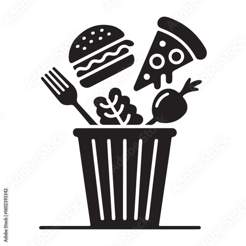 A black and white illustration of food waste in a trash can icon art