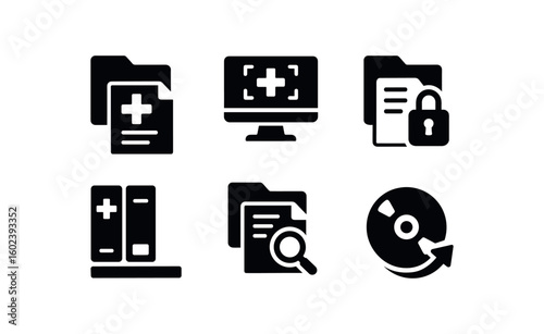 solid icon isolated filing patient records ledger filing patient records scan workstation filing patient records privacy seal filing patient records shelf label filing patient records t log