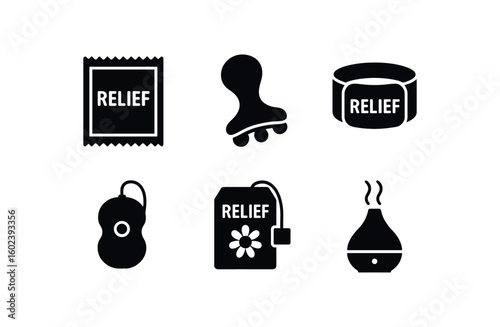 solid icon isolated relief analgesic gel packet relief pressure point massager relief heat wrap band relief TENS unit pad relief chamomile tea sachet relief aromatherapy diffuser