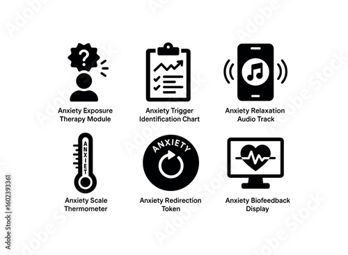 solid icon isolated aniety eposure therapy module aniety trigger identification chart aniety relaation o track aniety scale thermometer aniety irection token aniety biofeedback display