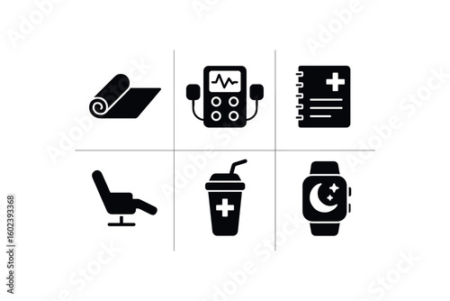 solid icon isolated recovery period physiotherapy mat recovery period muscle stimulator recovery period progress diary recovery period rest recr chair recovery period nutritional shake