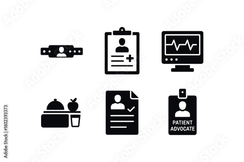 solid icon isolated patient wristband ID tag patient admission form patient bedside monitor patient meal tray patient discharge packet patient advocate badge