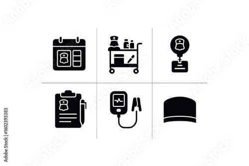 solid icon isolated nurse scheduler board nurse medication trolley cart nurse badge retractable reel nurse clipboard with pen nurse pulse oimeter probe nurse uniform scb cap