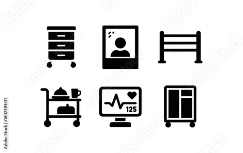 solid icon isolated ward medication trolley drawer ward observation window hatch ward safety rail panel ward meal tray service cart ward telemetry display screen ward n cart compartment