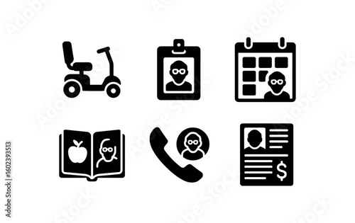 solid icon isolated senior citizen mobility scooter seat senior citizen ID badge senior citizen activities schedule senior citizen nutrition guide senior citizen support hot senior citizen