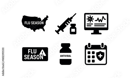 solid icon isolated flu season influenza strain map flu season vaccination kit flu season surveillance dashboard flu season outbreak alert banner flu season antiviral vial flu season