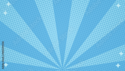Blue comic background halftone style sun rays with stars. Suitable for comics, prints, posters, etc.