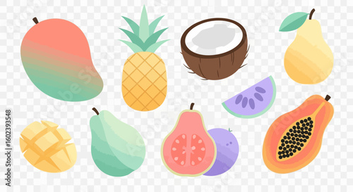 A vibrant collection of illustrated tropical fruits like mango, pineapple, and coconut. Flat design set for fresh, healthy food concepts.